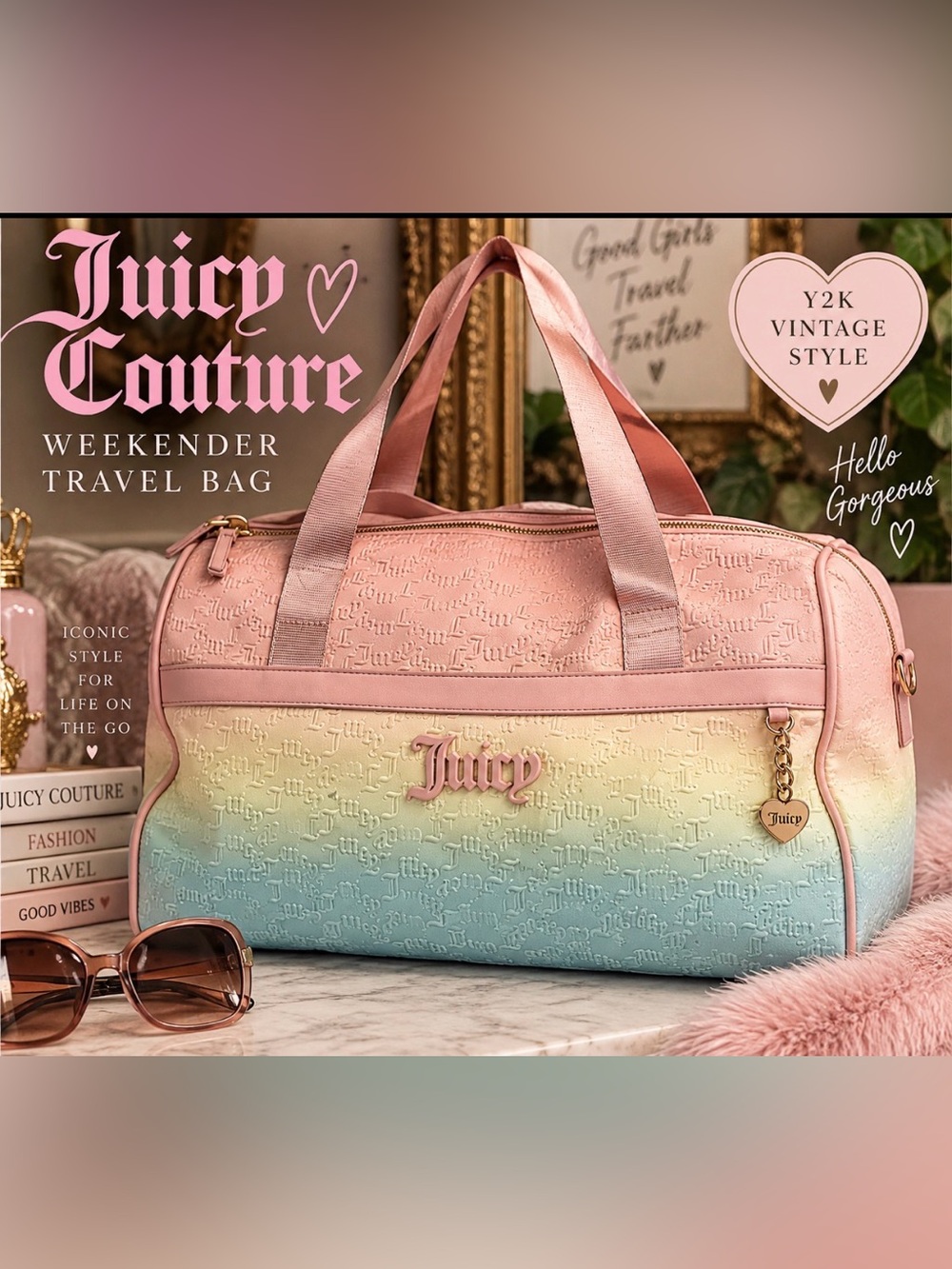 Juicy Couture - Heartless Pastel Ombre Travel Duffel Bag - Pink, Yellow, Blue
